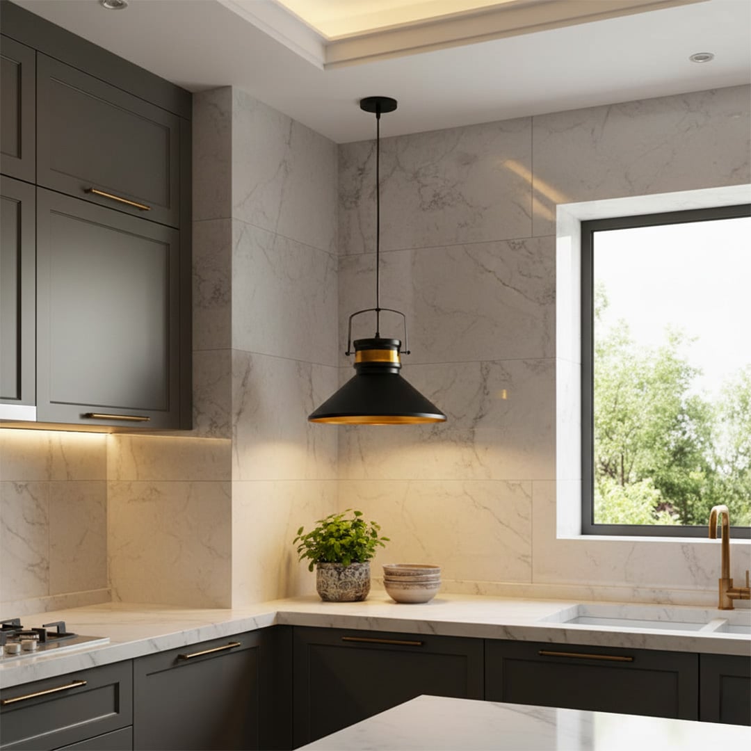 Black metal pendant light with brass accents adding warm elegance to contemporary kitchen interiors.