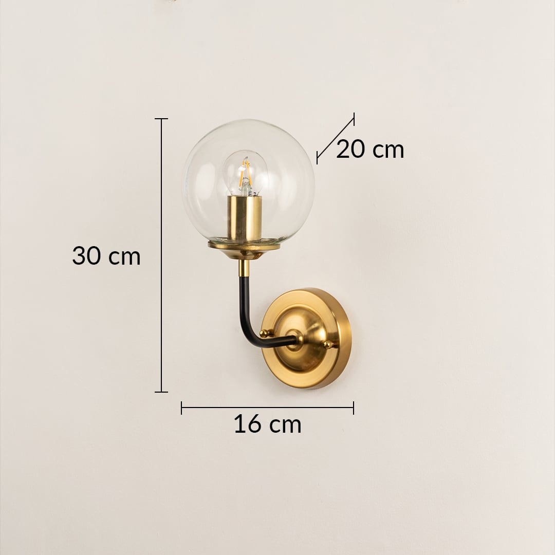 Modern gold and black wall lamp with clear globe ideal for chic décor shown with height 30 cm width 16 cm and depth 20 cm enhancing contemporary interiors.