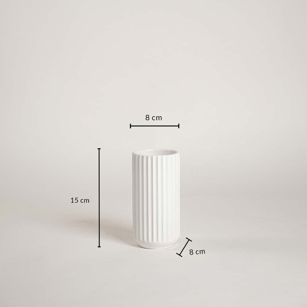 White ceramic vase shown with measurements 15 cm height and 8 cm width clearly presenting its ribbed texture and compact cylindrical form.