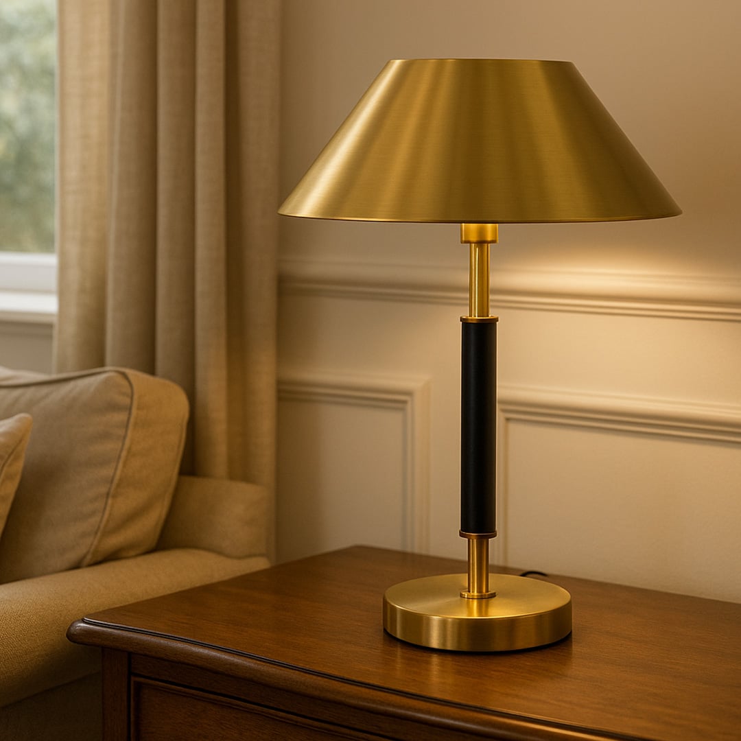 Gold metal table lamp with black stem and metallic cone shade for luxury bedside lighting decor styling.