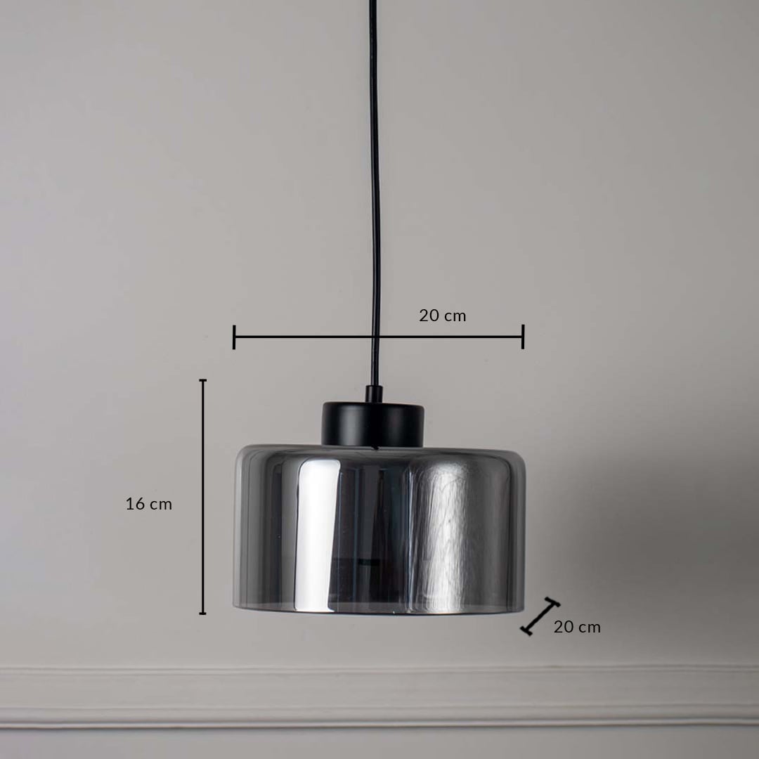 Dimension image of chrome finish metal drum pendant light with modern design showing 16 cm height and 20 cm width.