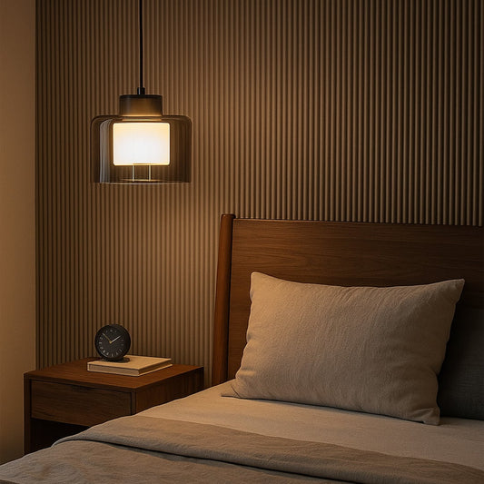 Elegant smoked glass pendant lamp with black finish contemporary ceiling light perfect for bedroom dining and living interiors.