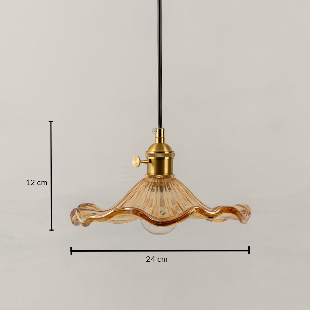Amber wavy glass and brass pendant light dimension image with 24 cm width and 12 cm height for luxury dining placement.