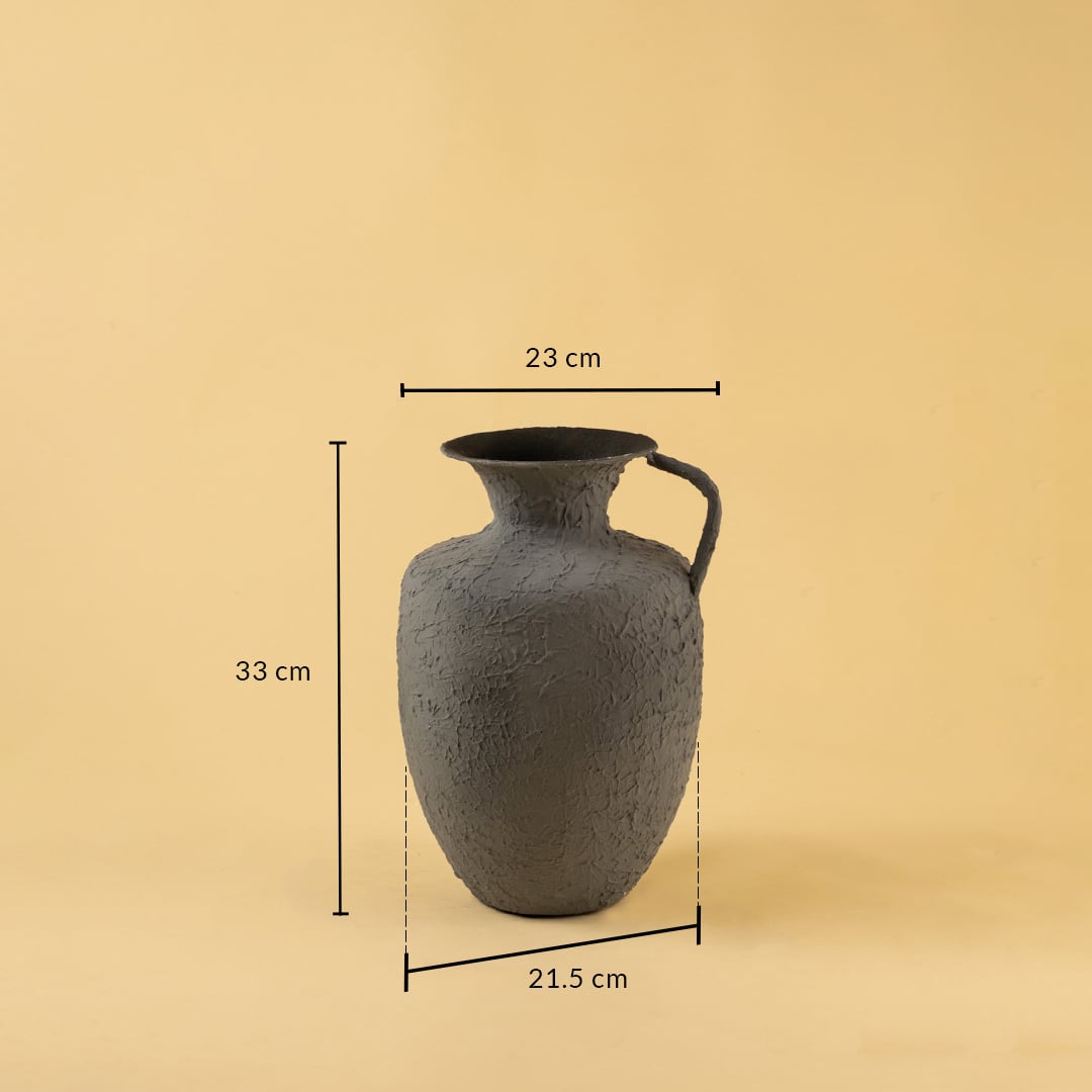 Grey metal jug vase decor with width 23 cm depth 21.5 cm and height 33 cm shown clearly for accurate size reference.