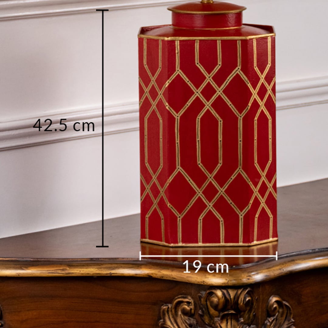 Table lamp dimension image featuring red ceramic base with gold lattice pattern measuring approximately 42.5 cm height and 19 cm width.
