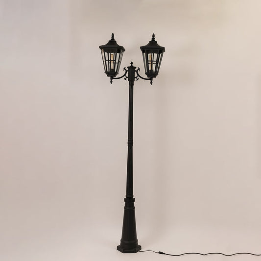 Black dual head outdoor street lamp displayed on white background perfect for home entrance and pathway lighting.