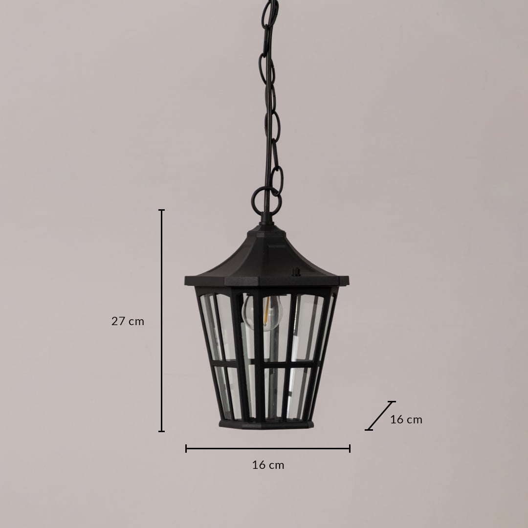 Black outdoor hanging lantern with size details shown as 27 cm height and 16 cm width ideal for entry porch and patio decor.