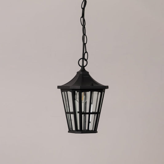 Stylish black outdoor hanging lantern with clear glass panels shown on white background perfect for porch and patio decor.
