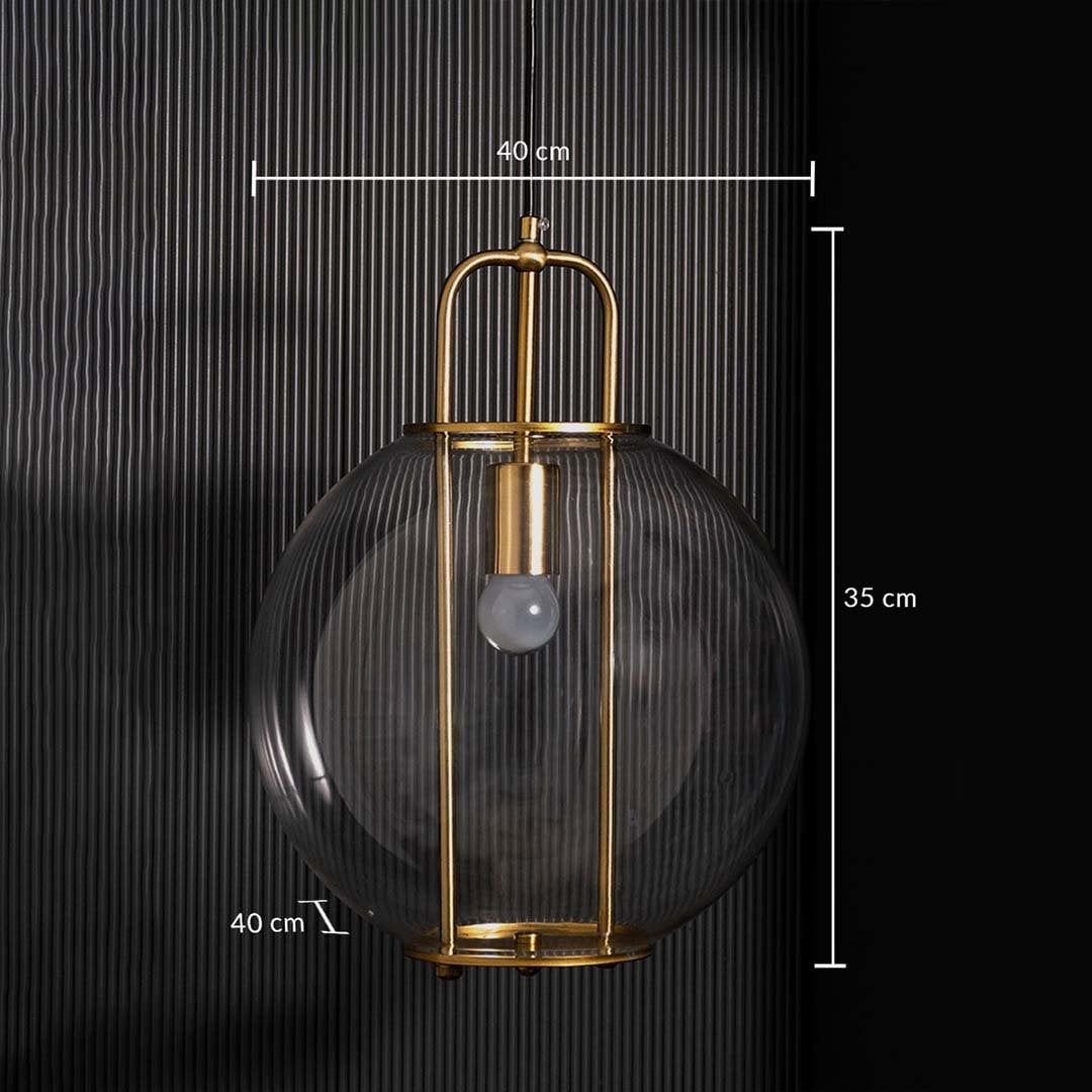Pendant light with a transparent spherical shade measuring 40 cm width 40 cm depth and 35 cm height clearly displayed with dimension markings.