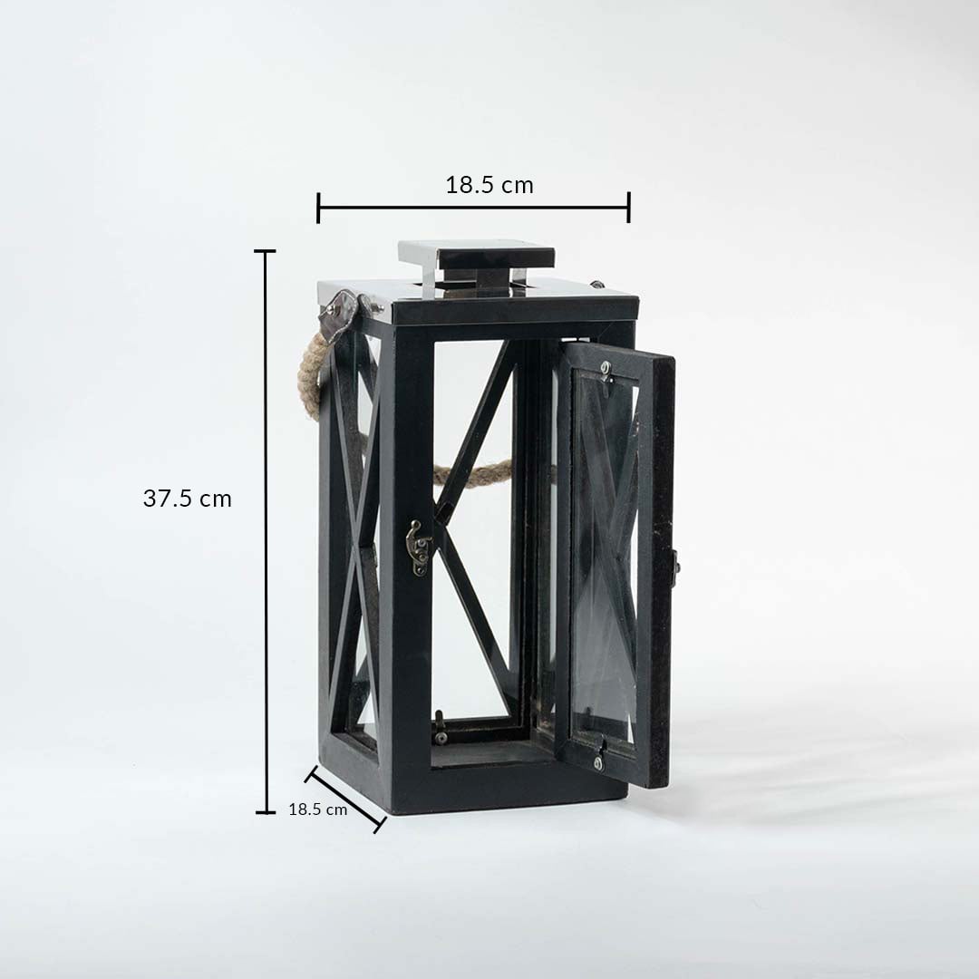 Dimensions of the Black Lantern are 37.5 cm in height and 18.5 cm in width perfect for tabletop console or entryway display.