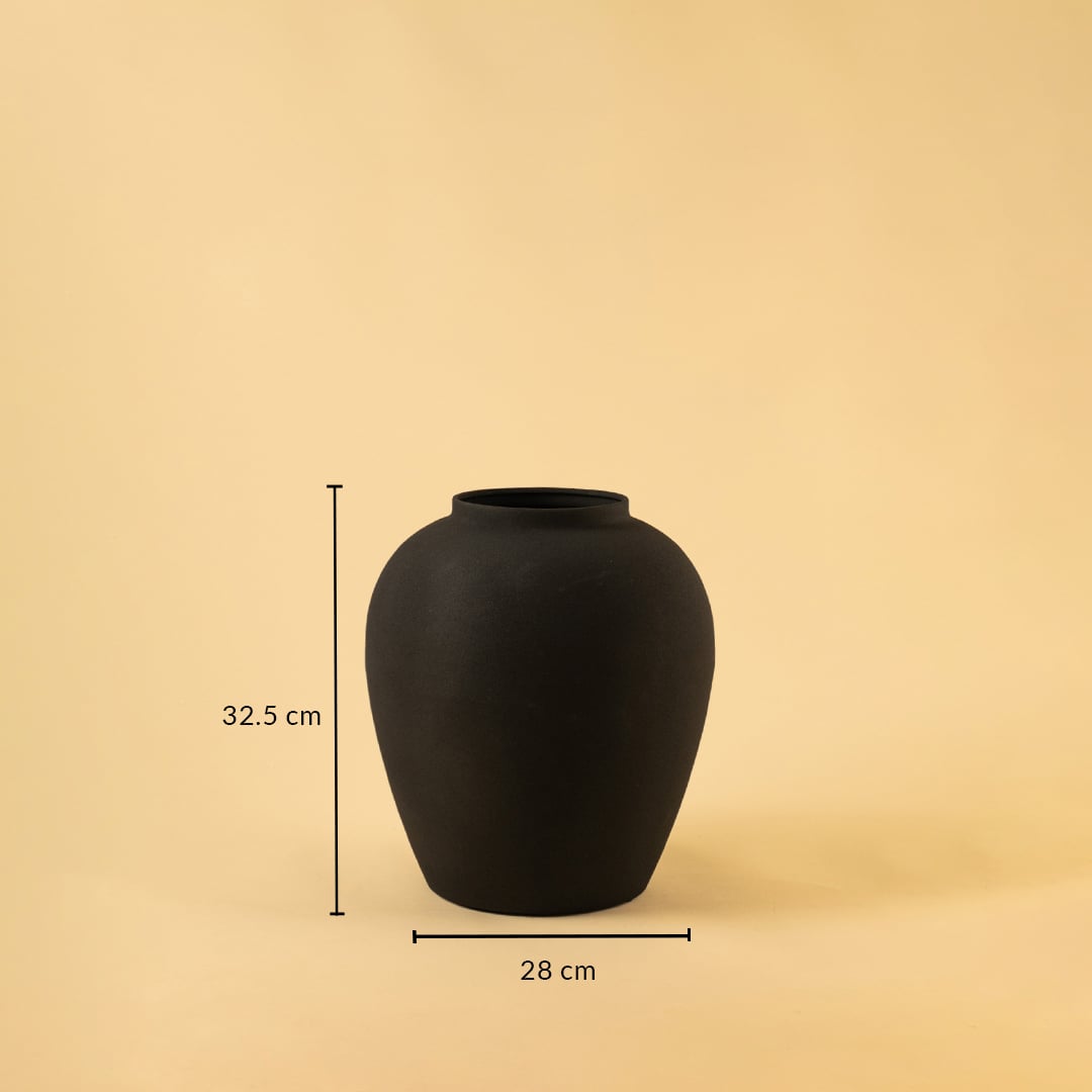 Black textured metal vase shown with 32.5 cm height and 28 cm width offering a clear accurate size reference.