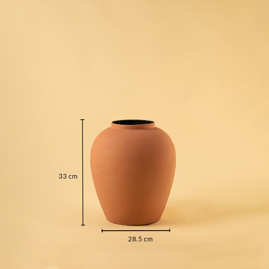 Terracotta textured metal vase shown with 33 cm height and 28.5 cm width offering a clear accurate size reference.