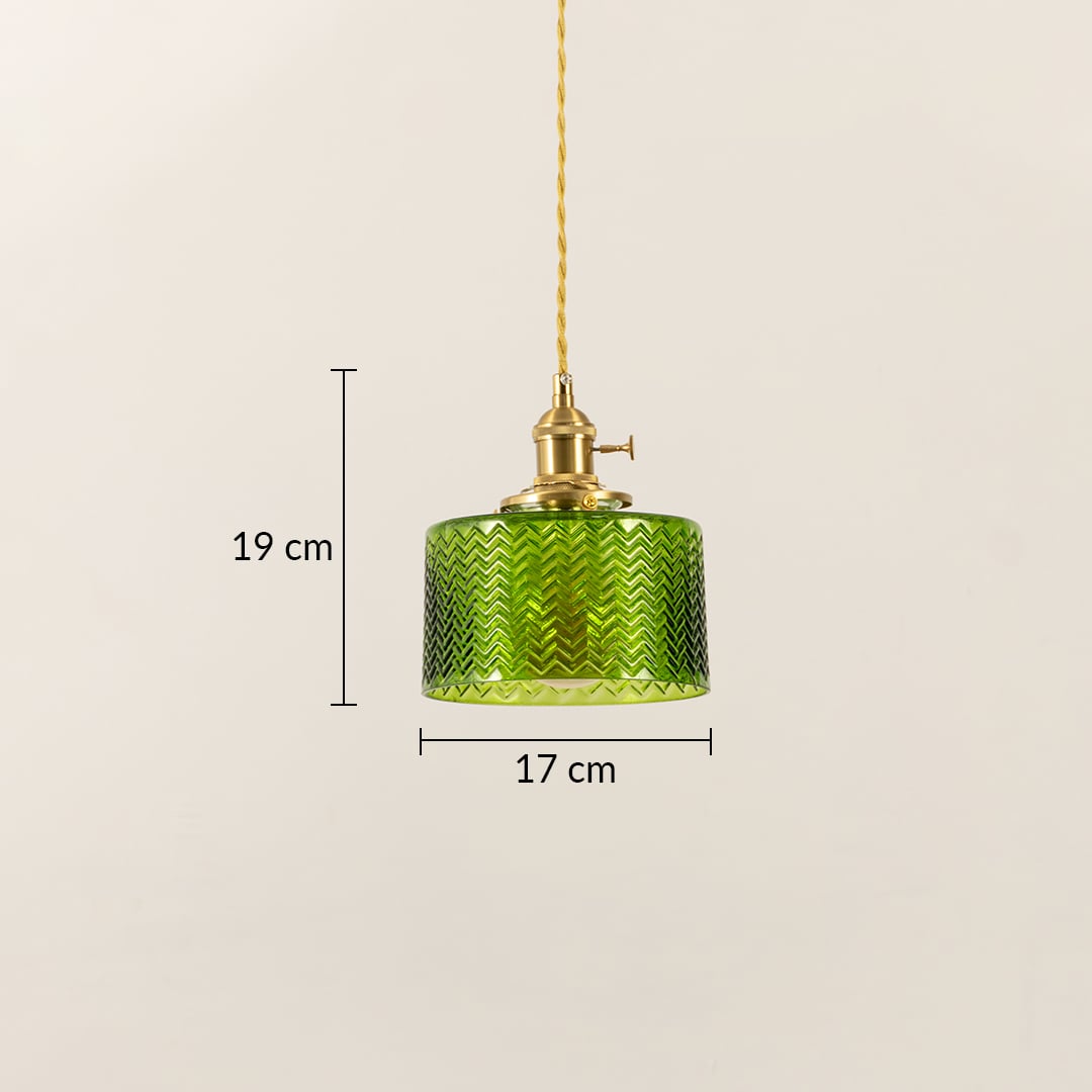 Green glass pendant light with brass top and yellow cord shown with 19 cm height and 17 cm width measurement detail.