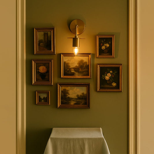 Gold wall sconce with round metal shade lighting up a cozy living room adding luxury and warmth to home interiors.