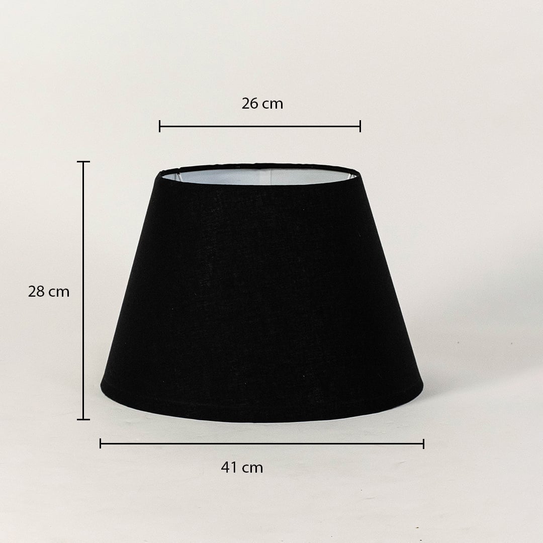 Technical sizing image of black lamp shade showing top 26 cm bottom 41 cm and height 28 cm for accurate table lamp fitting.