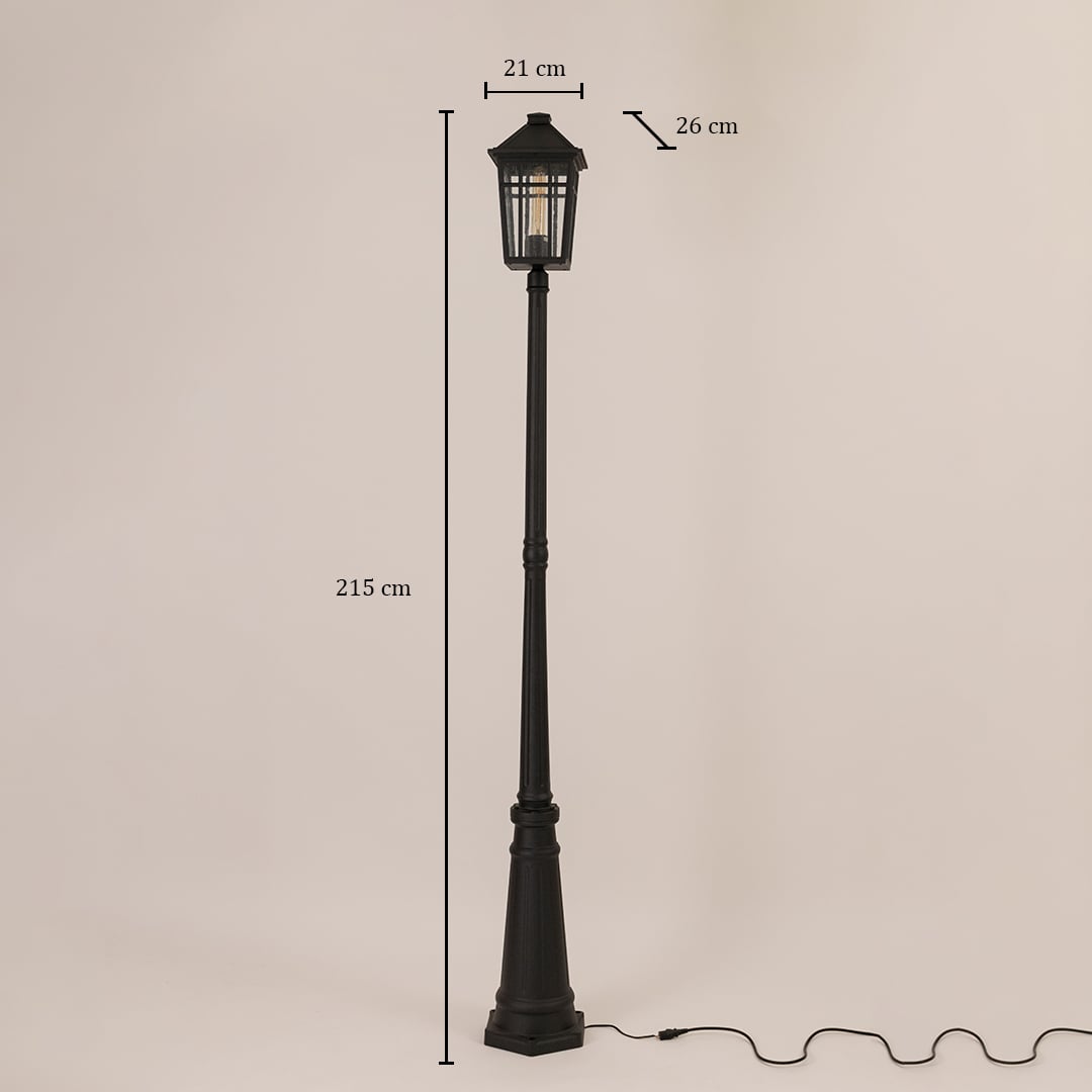 Classic black outdoor post light measuring 215cm height 21cm lantern width and 26cm lantern depth specifications shown clearly.
