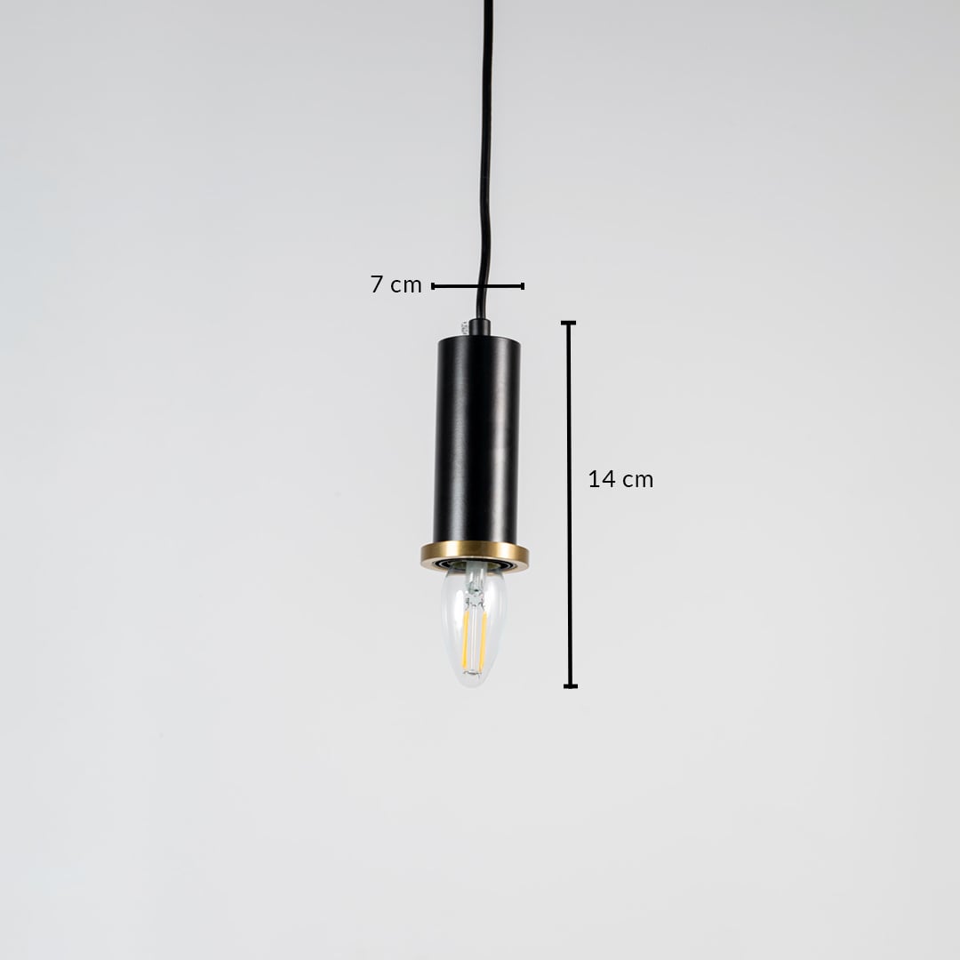 Black metal cylindrical pendant light showing 45 cm height 7 cm width and slim hanging profile for modern ceiling lighting placement.