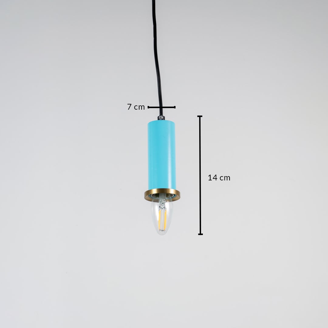 Blue metal cylindrical pendant lamp displaying 45 cm height and 7 cm width ideal for contemporary interior ceiling lighting placement.