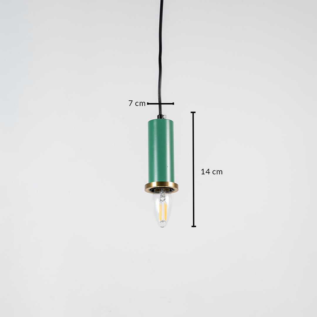 Green metal cylindrical pendant light showing 45 cm height 7 cm width designed for modern minimalist ceiling lighting decor.