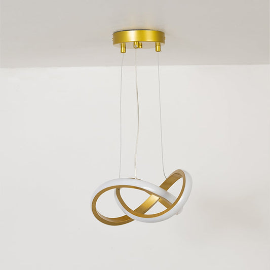 Minimalist loop LED chandelier in gold and white shown with the light off against a white backdrop.