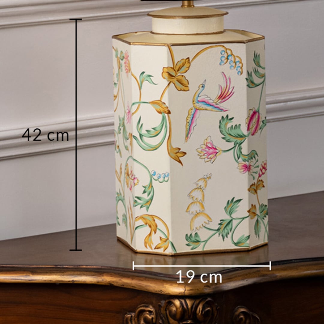 Table lamp dimension image showing ceramic base with floral bird design measuring approximately 42 cm height and 19 cm width.