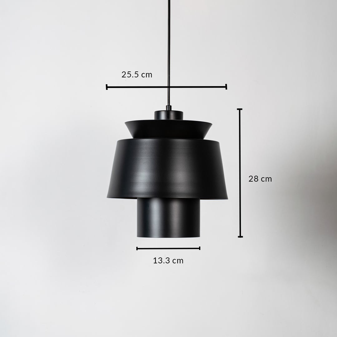 Black metal pendant light measuring 25.5 cm width and 24 cm height crafted for stylish ceiling lighting decor.