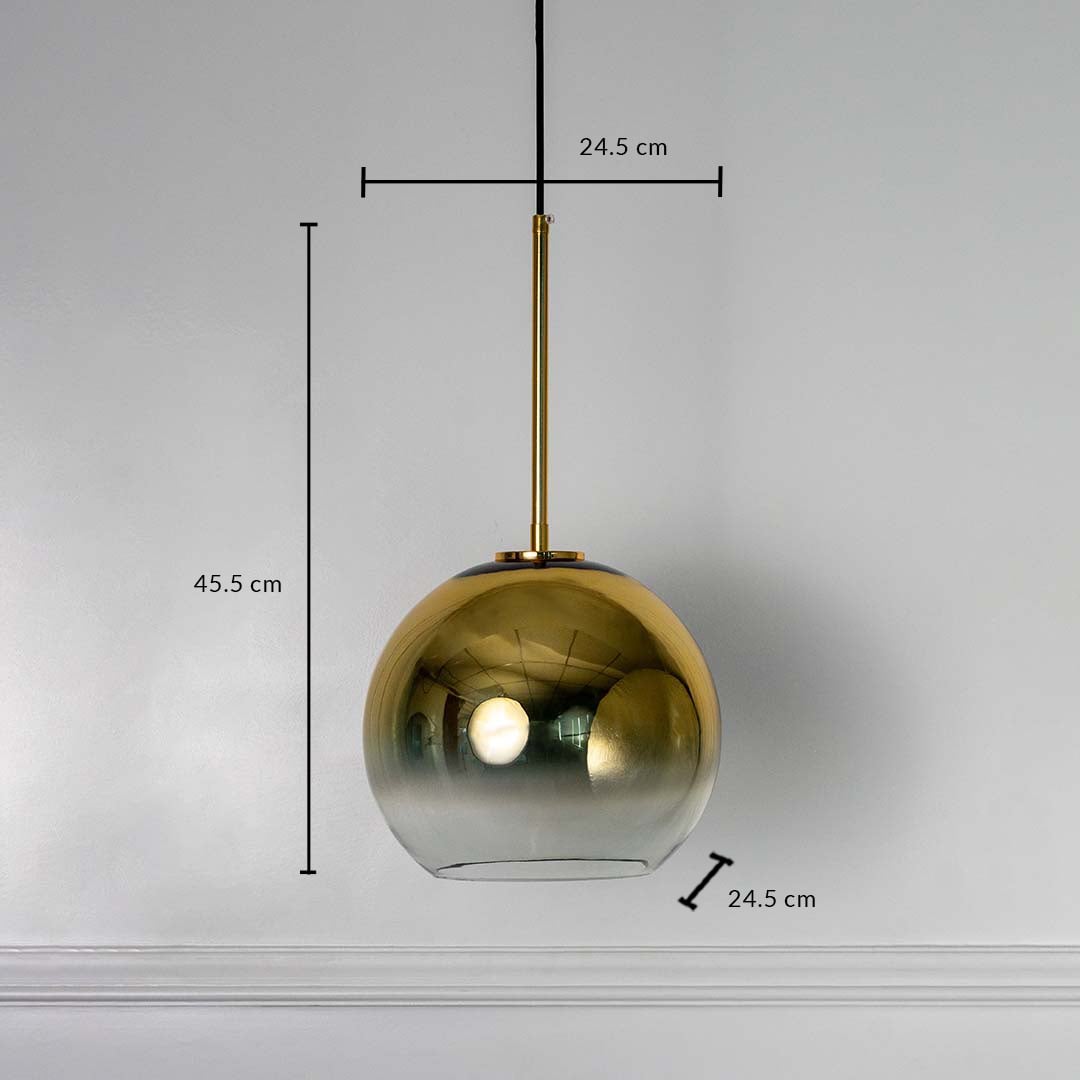 Golden glass globe pendant light measured 45.5x24.5 cm modern ceiling lamp perfect for stylish bedroom dining and living spaces.