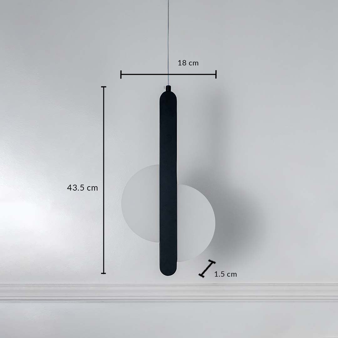 Dimension image of matte black metal pendant light with white acrylic disc showing 43.5 cm height and 16 cm width.