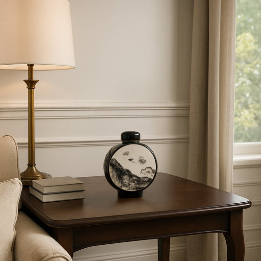 Black and beige ceramic round vase with artistic landscape design placed on wooden table for elegant living room decor.