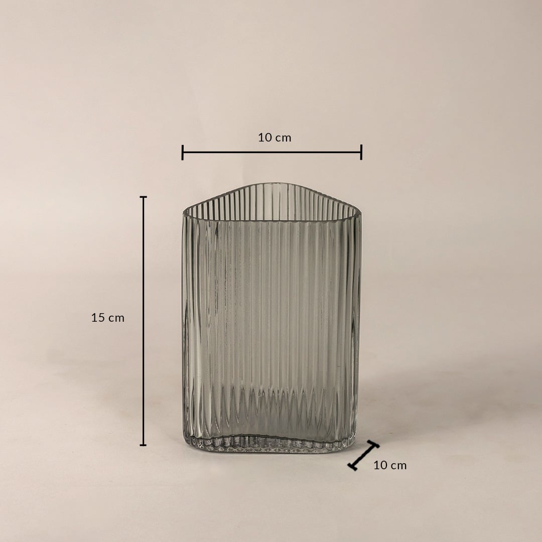Grey ribbed glass vase with dimensions 15 cm height and 10 cm width shown on white background for product size reference.