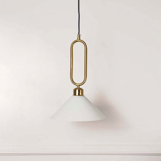 Minimal white glass pendant light with gold geometric holder hanging against soft neutral wall background suitable for luxury interior decor.