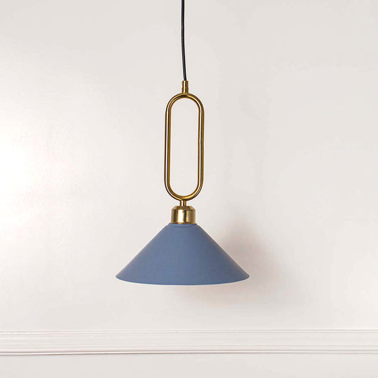 Elegant blue cone shaped pendant light with gold metal frame suspended against minimal wall background ideal for modern decorative lighting.