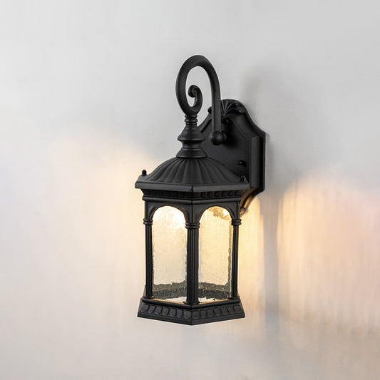 Black metal outdoor wall light dimension image with 30 cm height and clear glass shade for patio decor.