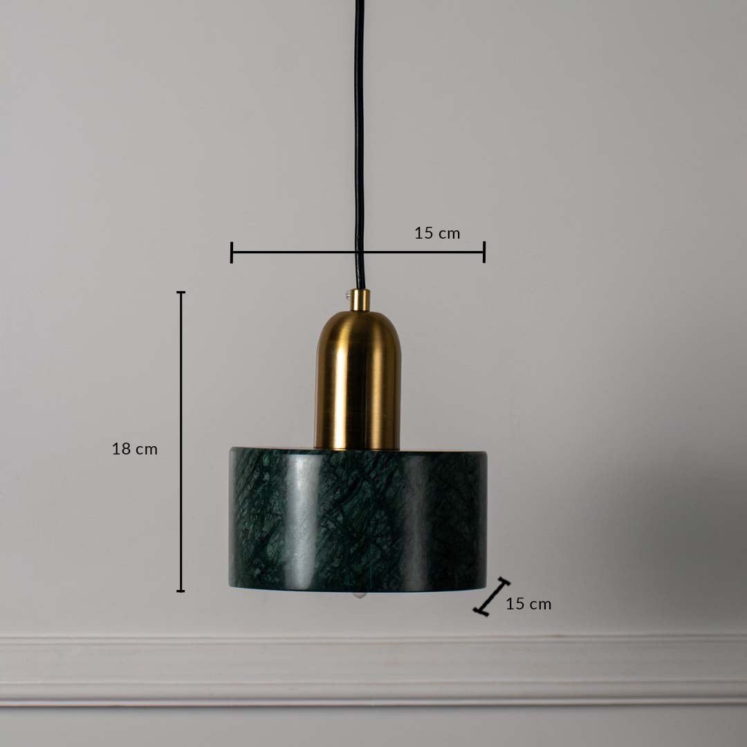 Green marble and gold cylindrical pendant ceiling light with height 18 cm and diameter 15 cm shown on off white background.