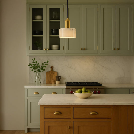 White marble pendant light with gold accents above kitchen island adding elegant modern warmth indoors.
