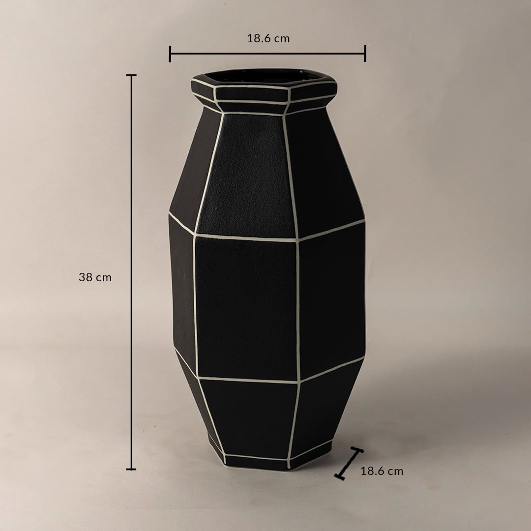 Black ceramic vase with geometric grid design shown with 38 cm height and 18.6 cm diameter perfect for modern home styling.