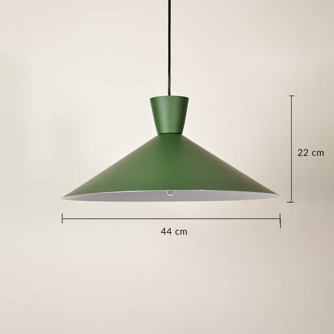 Green metal cone pendant light dimension image with 44 cm width and 22 cm height for dining room placement.