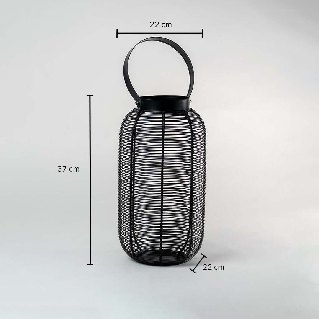 Technical sizing image of black wire lantern displaying height 37 cm and width 22 cm measurements to assist with accurate placement.