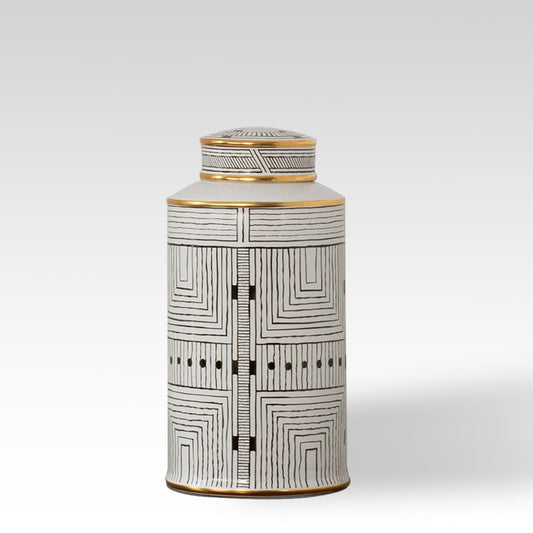 Tall white ceramic jar with black geometric line pattern displayed on plain background for modern décor.