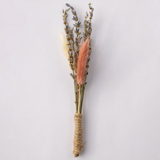Handmade dried flower boutonniere with lavender stems pink preserved bloom and jute wrap perfect for groom wedding accessory.
