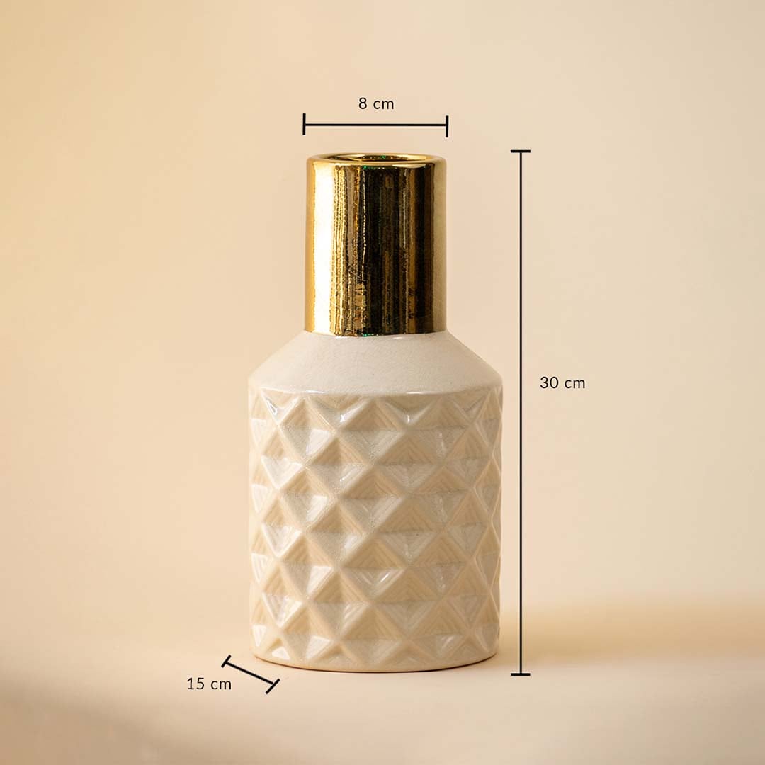 Dimension image of cream beige ceramic vase with a raised diamond textured pattern and a shiny metallic gold neck 30 cm height and 15 cm width.