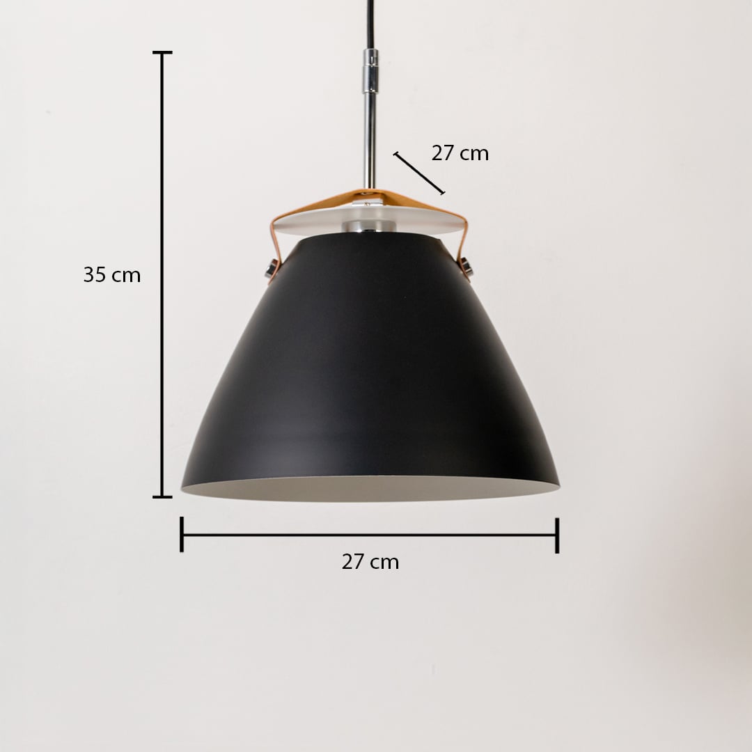 Black pendant light measuring 35 cm in height and 27 cm in diameter designed for focused task lighting.