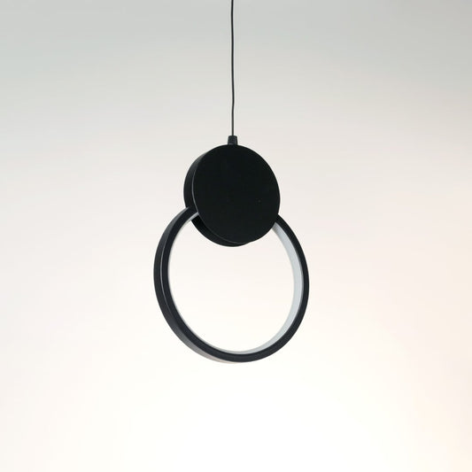 Modern black circular LED pendant light displayed off on white background for contemporary interior decoration.
