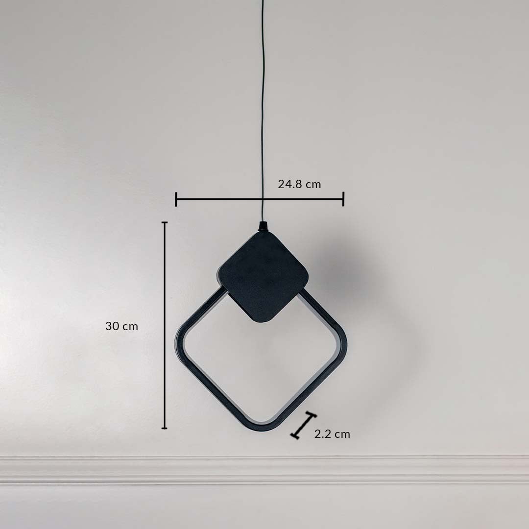 Black geometric LED pendant lamp with diamond frame showing 30cm height 24.8cm width and 2.2cm thickness.