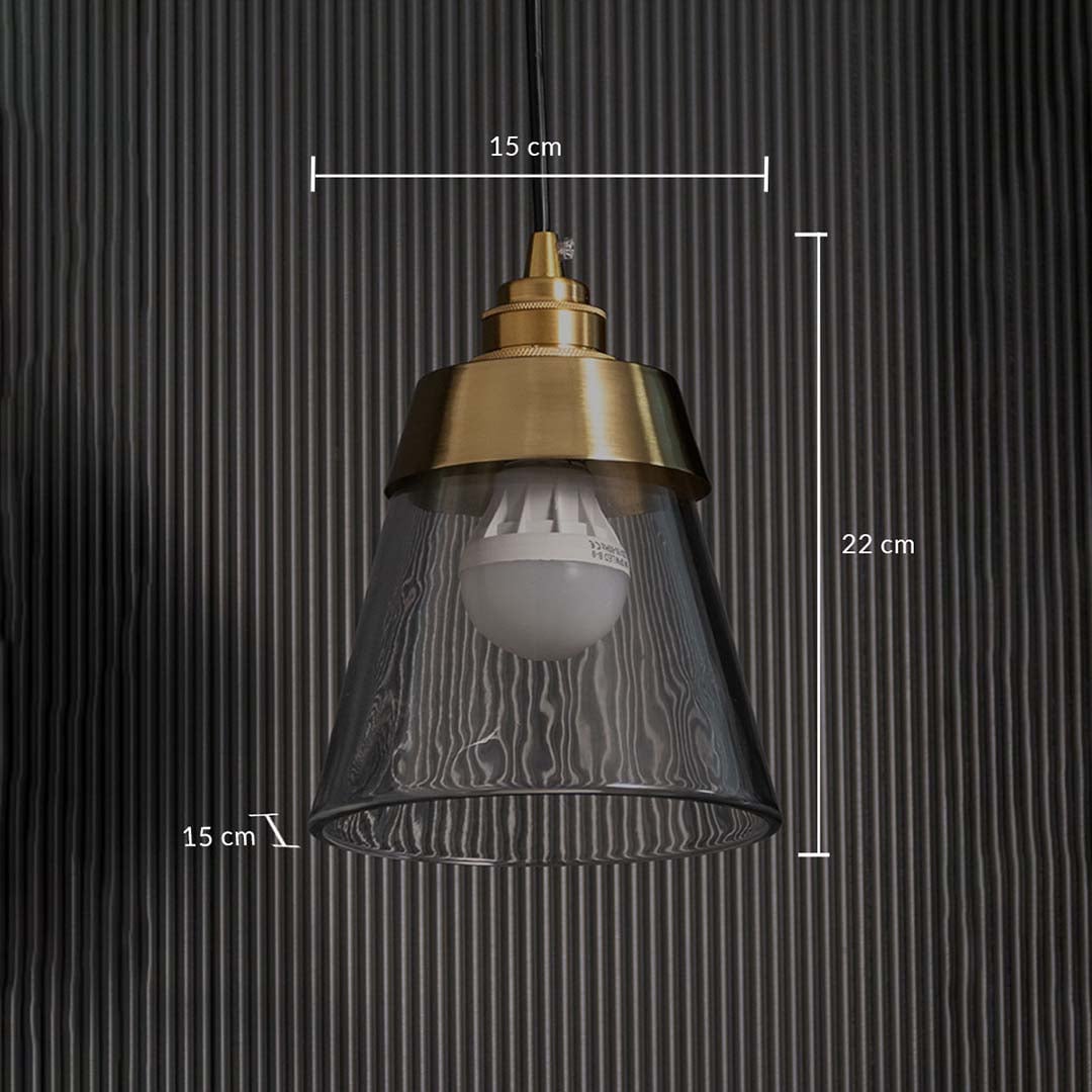 Clear glass and gold metal pendant light shown with accurate measurements providing ideal size details for perfect placement in interior spaces.