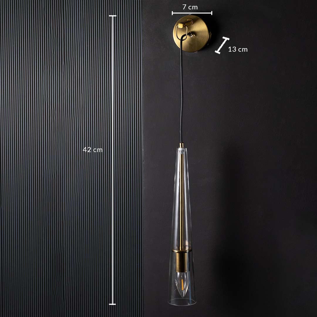 Technical sizing image of hanging wall light showing height 42 cm and depth 13 cm measurements to assist with precise installation.