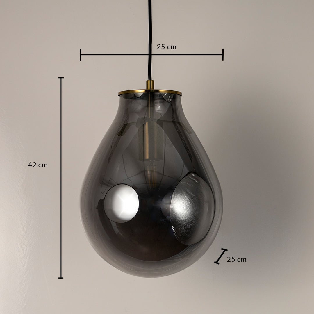 A smoked grey glass pendant light shown with 25 cm width 25 cm depth and 42 cm height measurements highlighting its teardrop modern design.