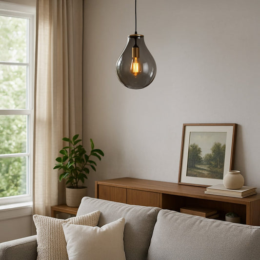 A modern smoked glass pendant light glowing warmly above a soft grey sofa creating cozy ambient lighting ideal for living rooms bedrooms and reading spaces.