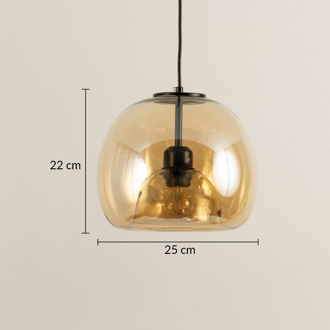 Dimension image of amber glass pendant light with black accents measuring 22 cm height and 25 cm width.