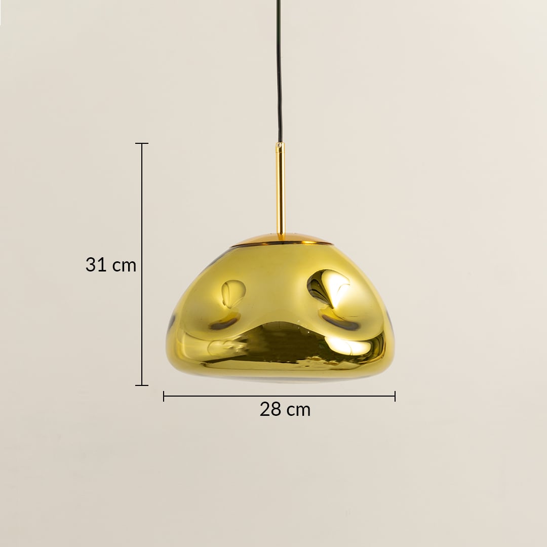 A gold metallic pendant light with clear size details measuring 31 cm height and 28 cm width for accurate placement and interior planning.